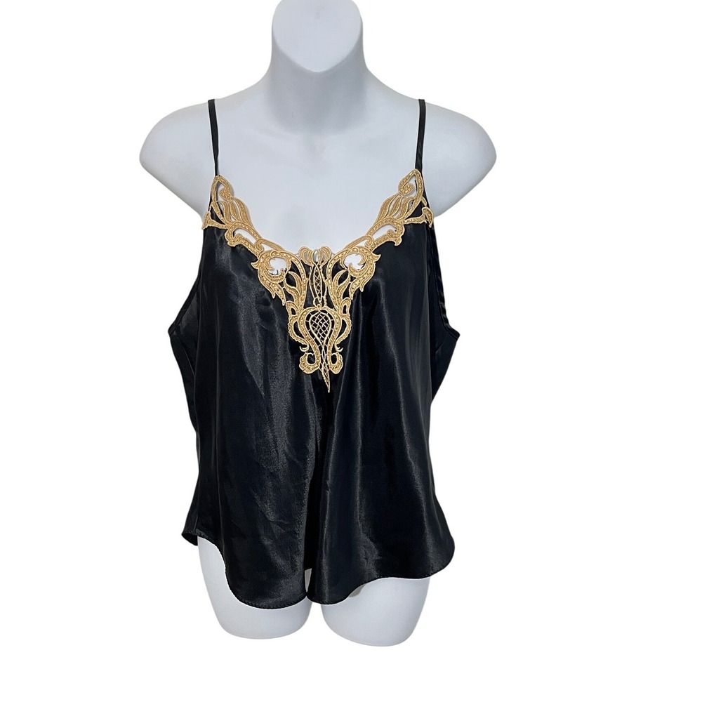 California Dynasty Camisole Top Womens Large Black Gold Lace Vintage Lingerie